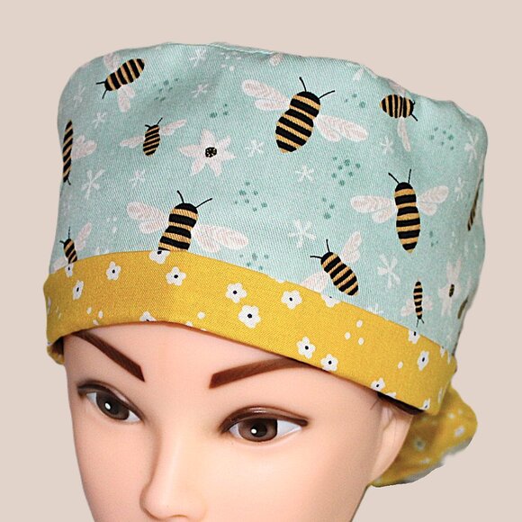 Womens Bumble Bee Aqua Scrub Cap Ponytail Surgical Hat, Silk Ribbon Ties - Picture 4 of 7